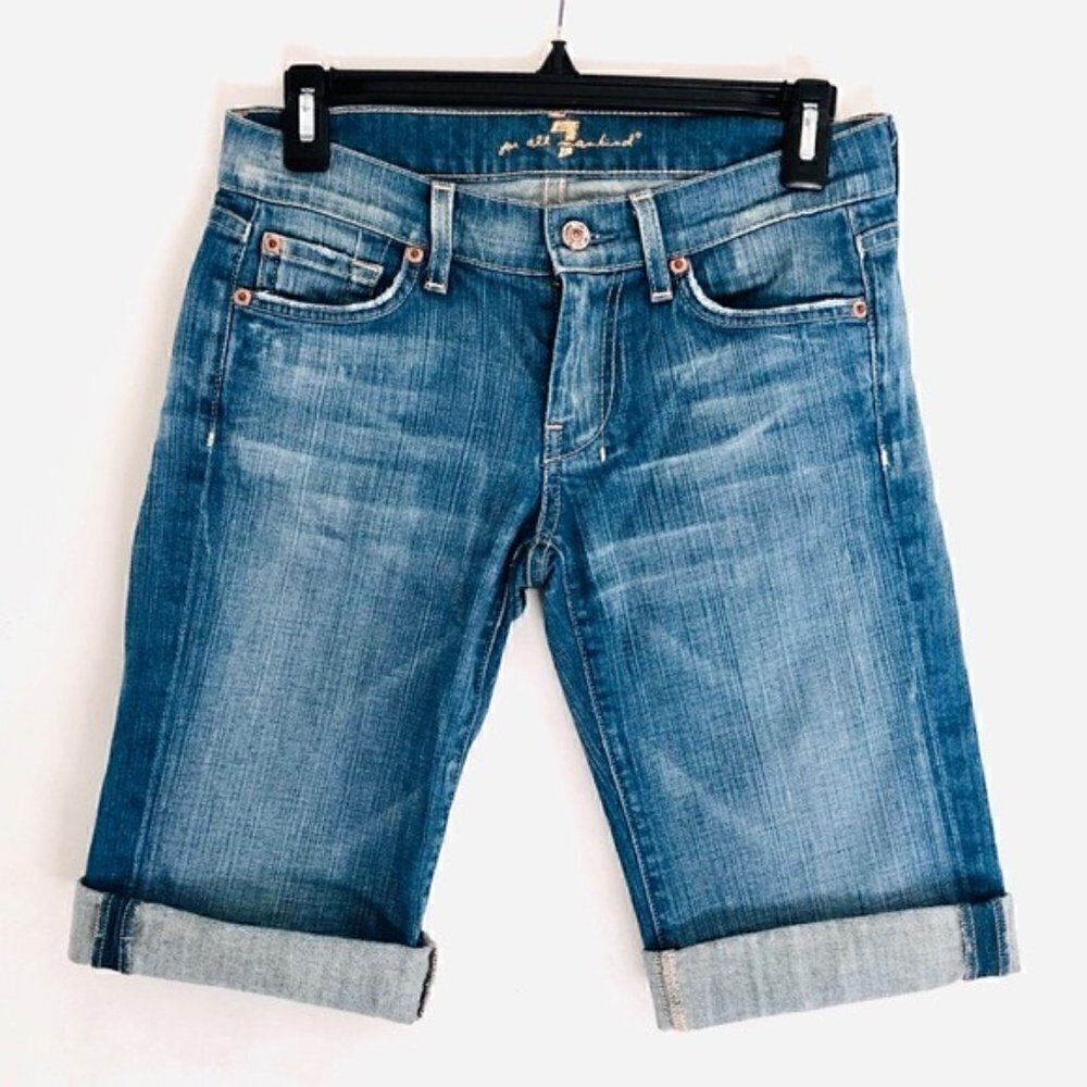 7 For All Mankind Capri Jeans 25 Dojo Cropped Distressed Medium Blue Vacation - Picture 3 of 14